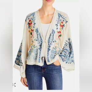 Johnny Was Cream and Blue Embroidered Kimono